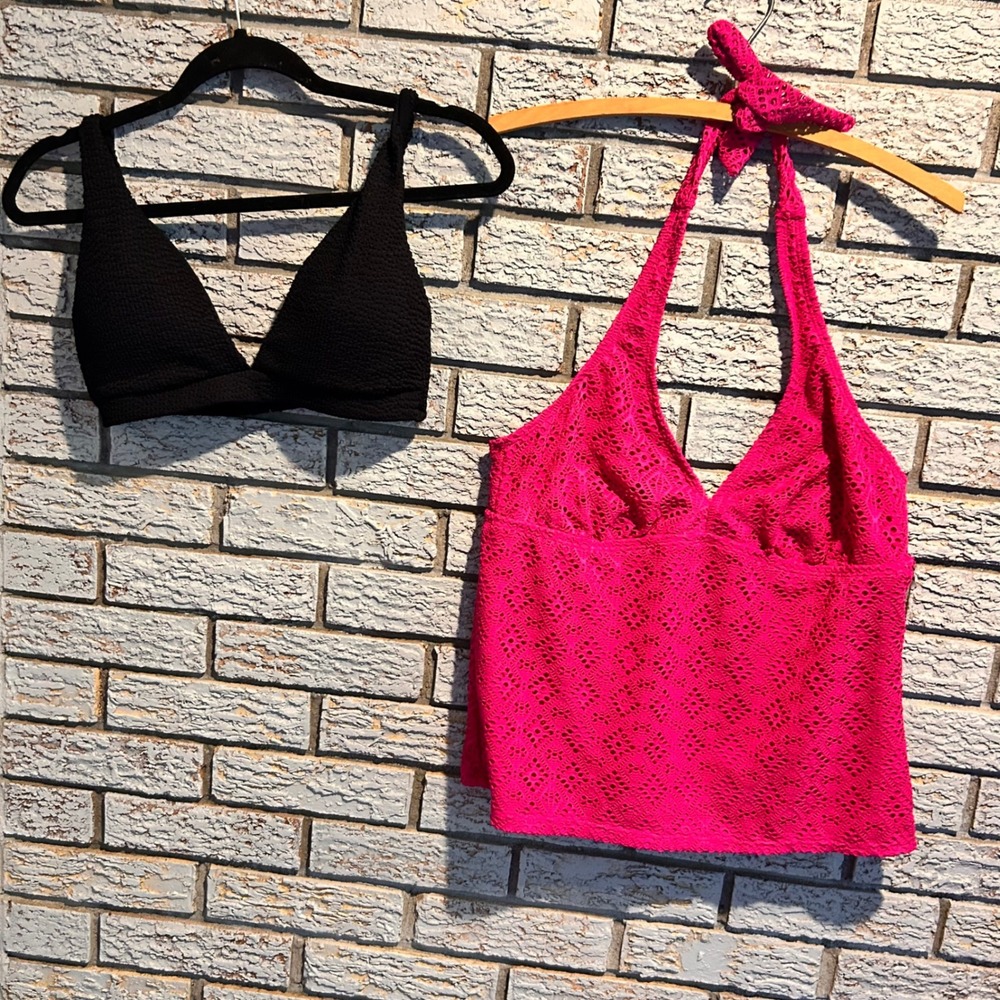 Catalina Pink Crochet Halter Tankini & Black Textured Bikini Top Bundle Womens L